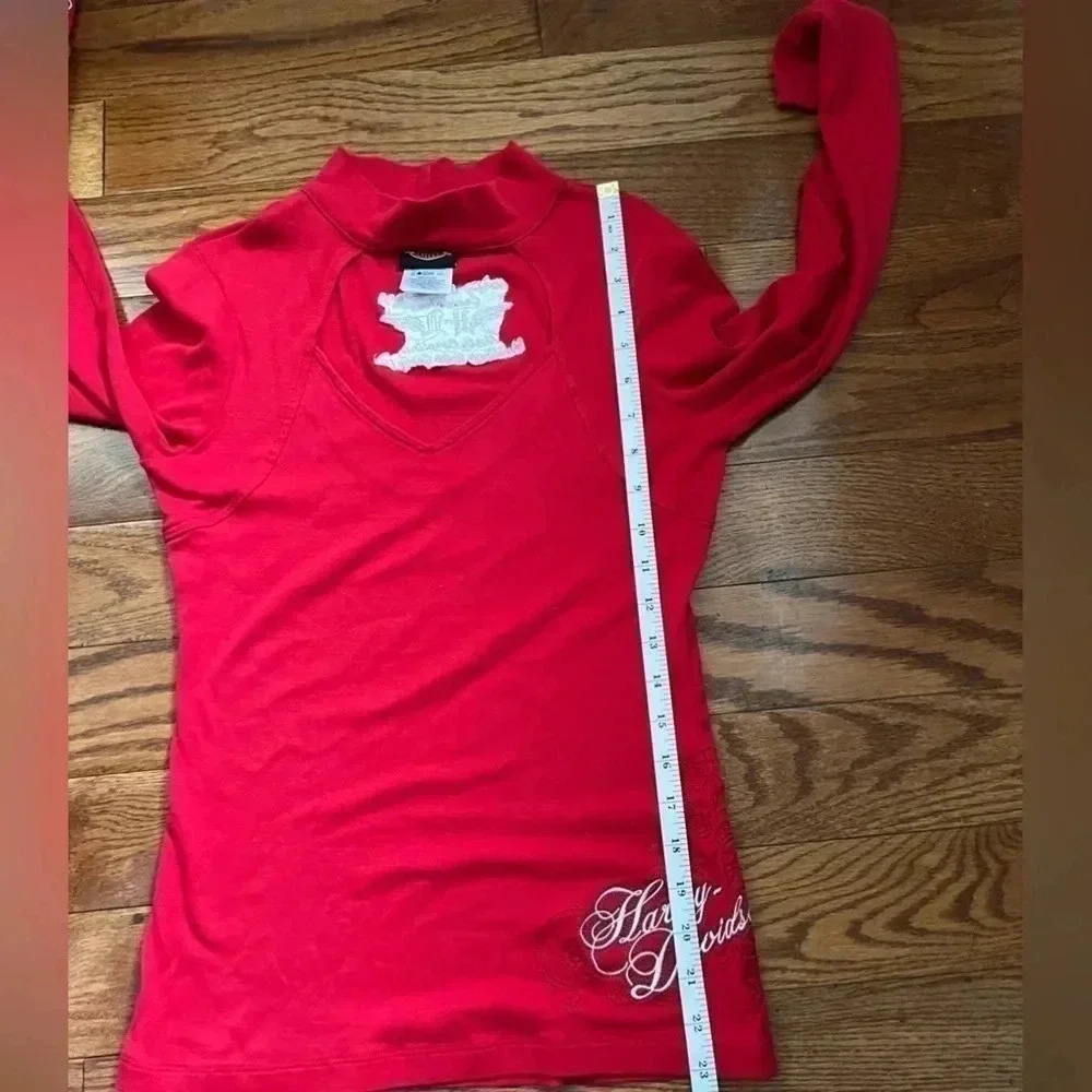 Women’s Vintage Harley Davidson Cut Out Long Sleeve Red Sz S - Picture 9 of 10